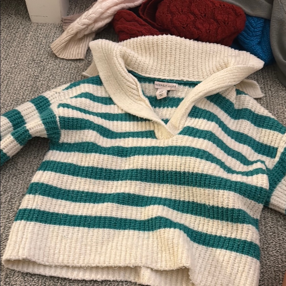 Sincerely Jules Green and Cream Cowl Neck Sweater